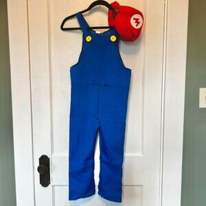 Super Mario Halloween Costume Blue Overalls and Red Hat youth Sz 6-8, 120-130cm